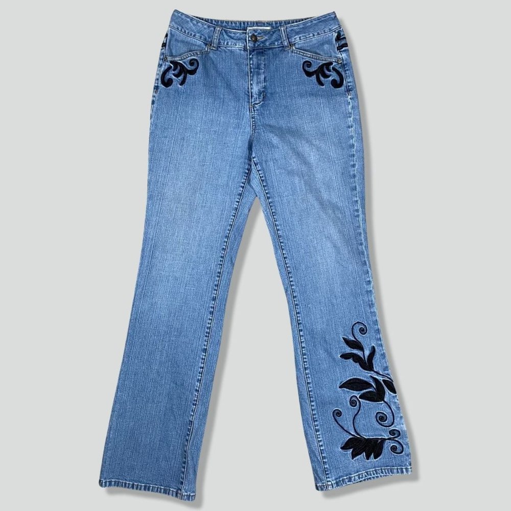 • coldwater creek y2k denim pants with black and silver embroidery